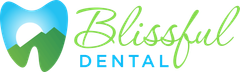 A logo for blissful dental with a tooth and mountains in the background.
