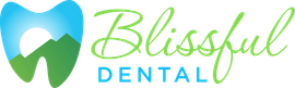 A logo for blissful dental with a tooth and mountains in the background.