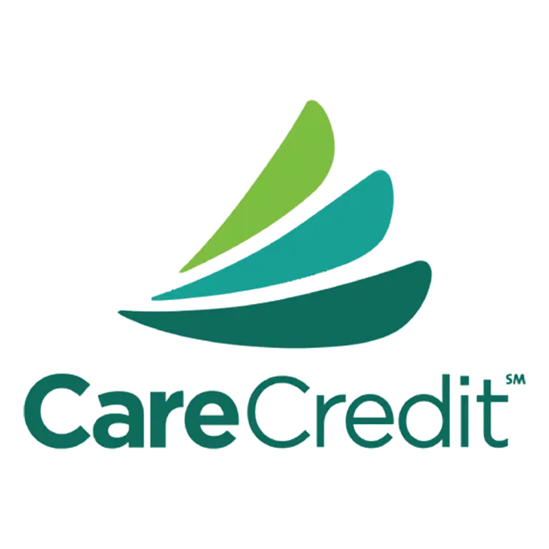 The logo for carecredit is a green and blue swirl.