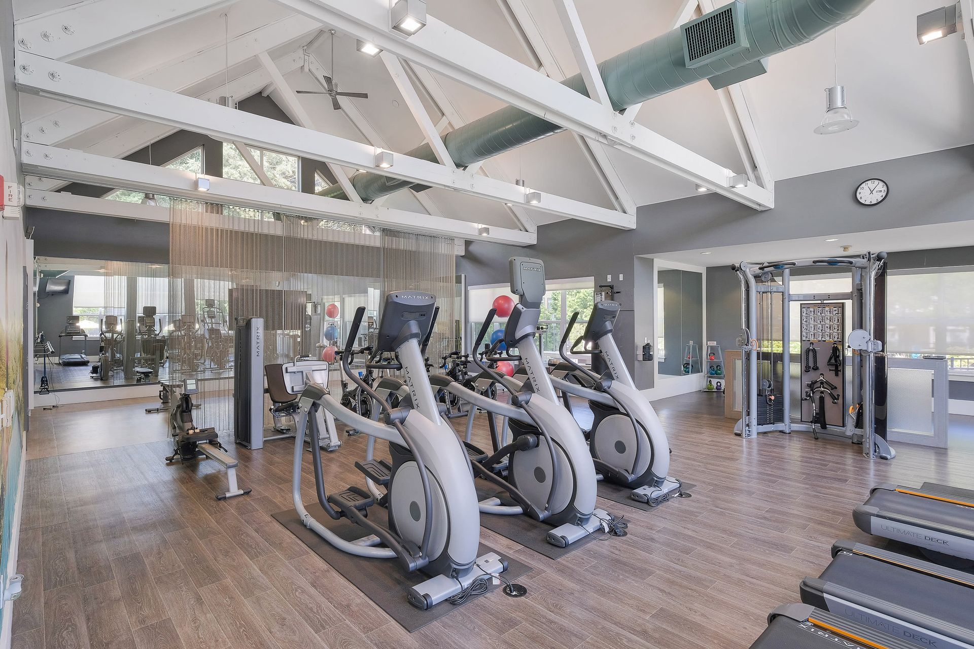 Indoor fitness center with treadmills, ellipticals and weight machines in a residential gym.
