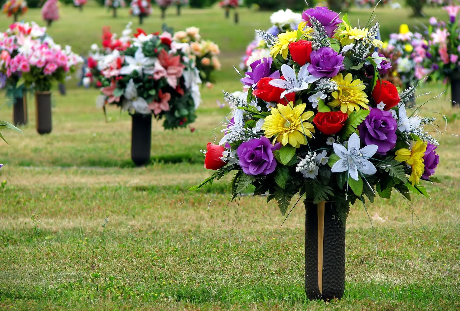 A bunch of flowers in vases in a cemetery.