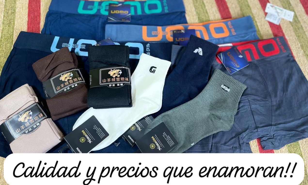 A bunch of socks and underwear with the words calidad y precios que enamoran