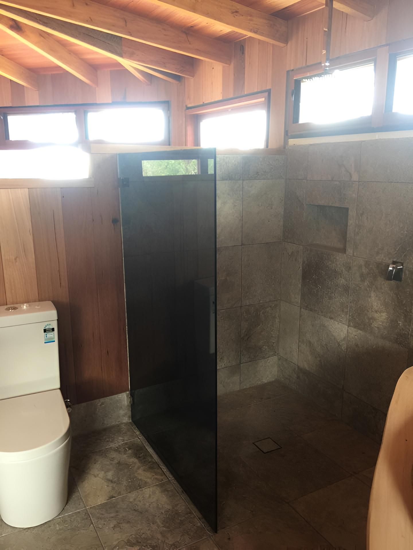 A Bathroom With A Toilet And A Walk In Shower — Pavy's Glass In Port Macquarie, NSW