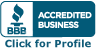 BBB Accredited Business logo, blue and white, with a torch icon, with the text