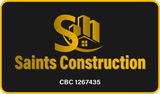 Logo for Saints Construction, golden design on a black background. Includes the company name and license number.