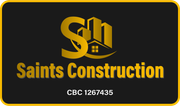 Logo for Saints Construction, golden design on a black background. Includes the company name and license number.