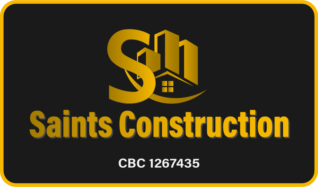 Logo for Saints Construction, golden design on a black background. Includes the company name and license number.