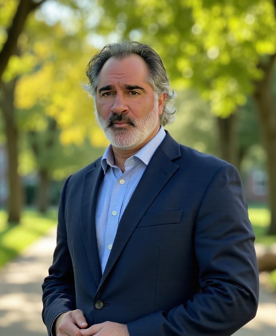 A man with a beard is wearing a blue jacket and tie.