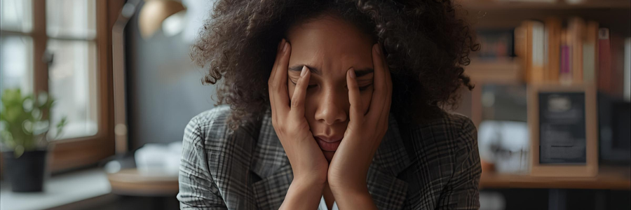 Woman with curly hair holds her face, looking stressed. Wearing a jacket, in a cafe setting.