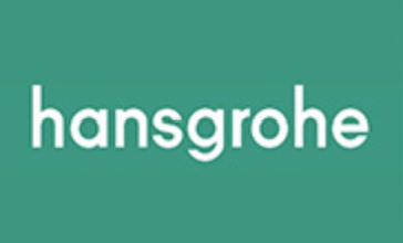 Il logo bianco di Hansgrohe, in un moderno carattere sans-serif, è centrato su uno sfondo verde acqua scuro a tinta unita.