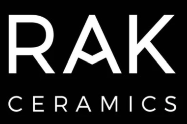 Il logo bianco di RAK Ceramics su sfondo nero.