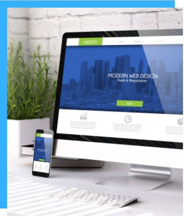A modern web design website is displayed on a computer screen