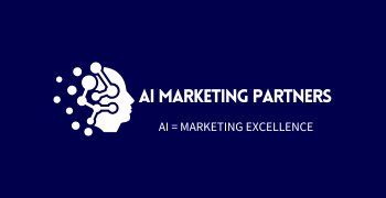 A logo for ai marketing partners with a brain on a blue background.