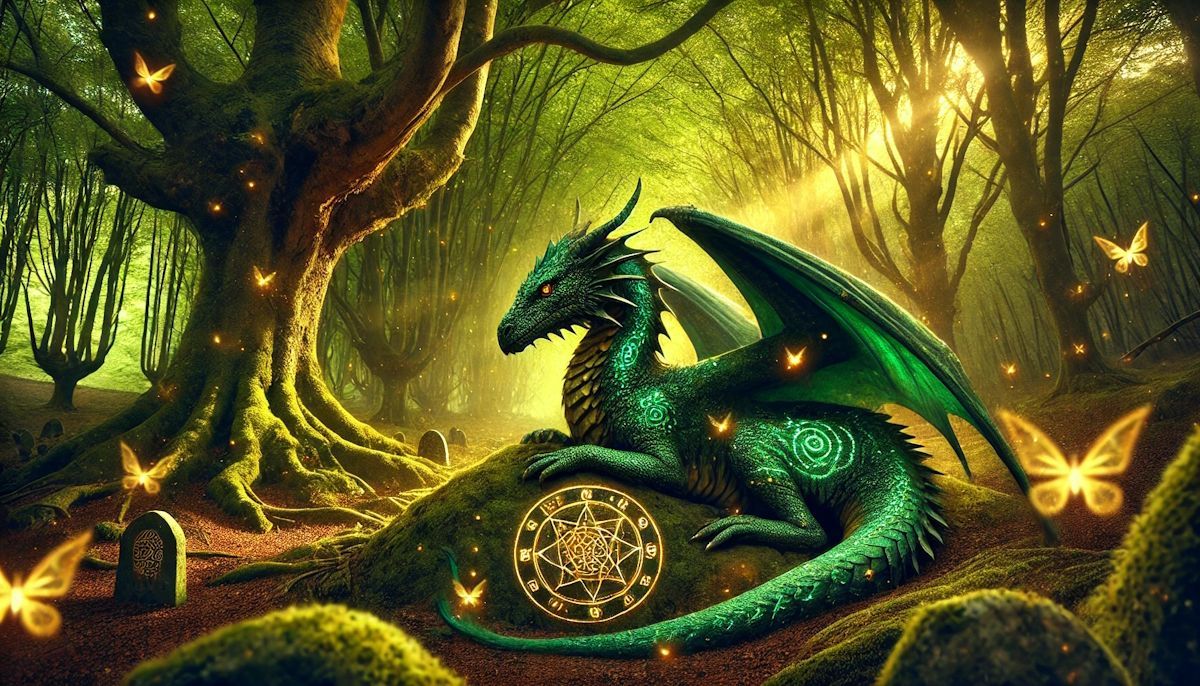 Green Dragon in woodland with symbols