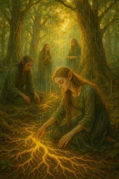 Elves Tending to Tree Roots