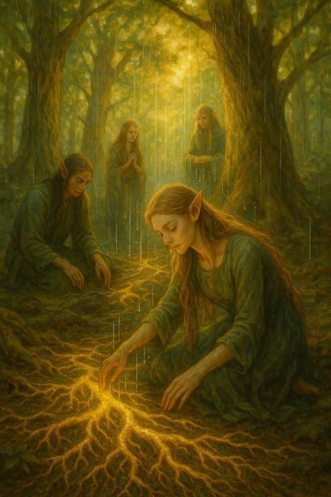 Elves Tending to Tree Roots Elves Tending to Tree Roots