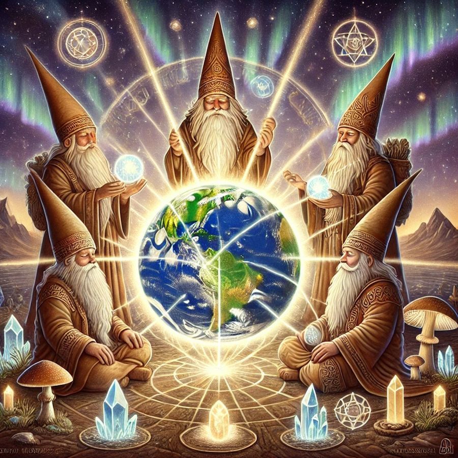 Gnomes sending light to Earth energy lines