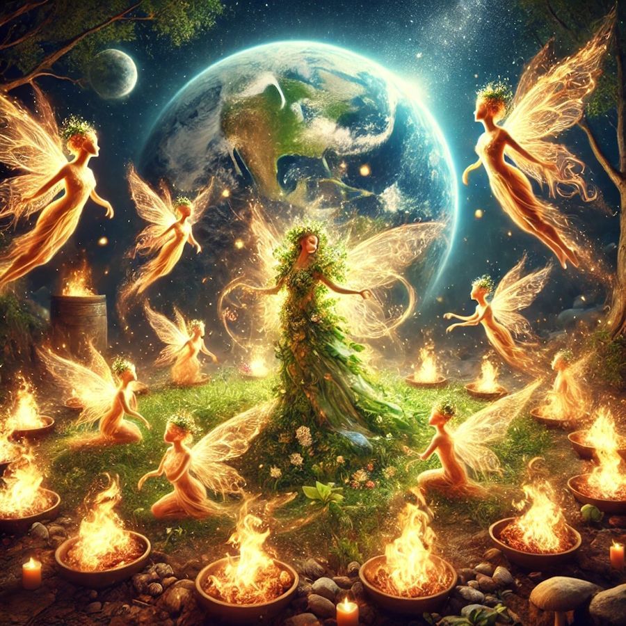 Mother Earth dancing with Fire Elementals