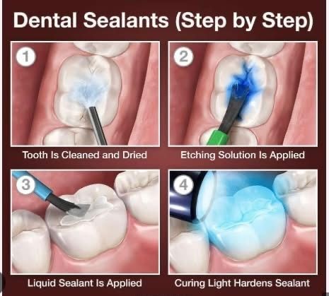 Dental sealant procedure steps: cleaning, etching, applying sealant, hardening with light. Dental sealant procedure steps: cleaning, etching, applying sealant, hardening with light.