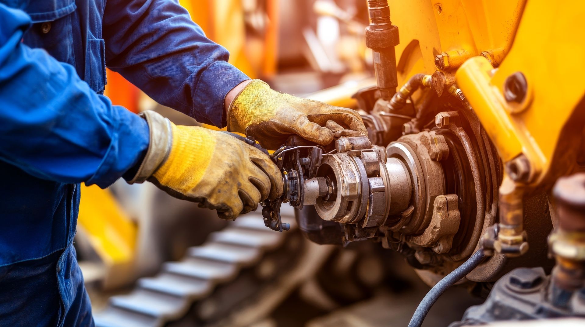 Mechanic in blue overalls and gloves repairing heavy machinery.