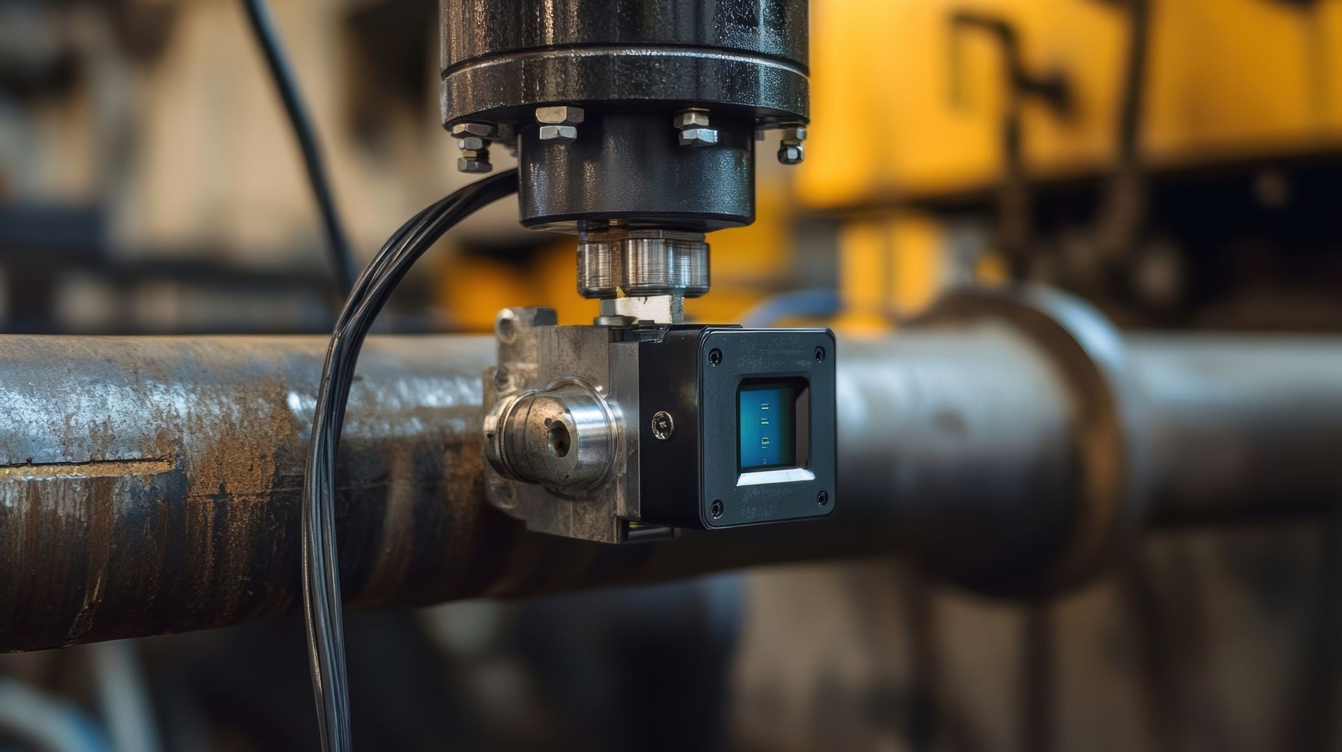 Black device with a blue light attached to a metal pipe in an industrial setting.