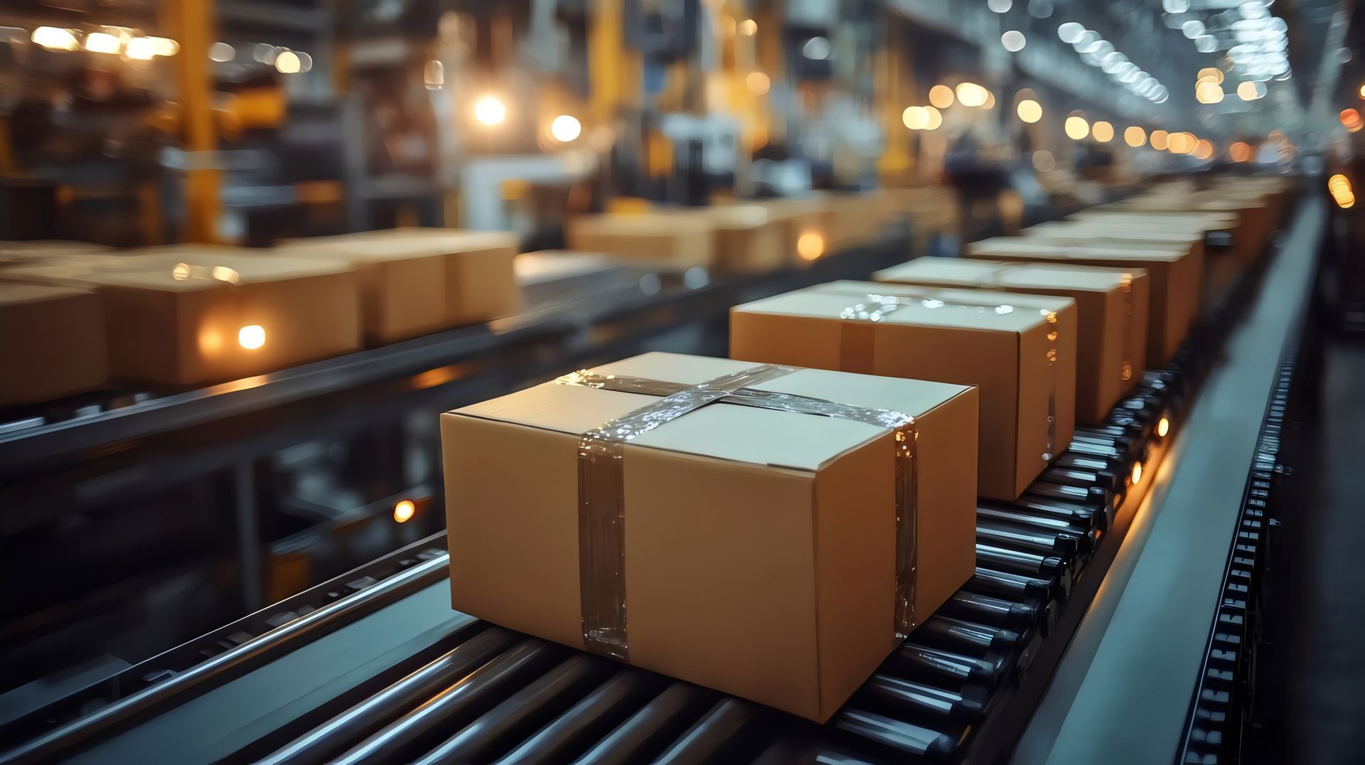 Cardboard boxes on a conveyor belt in a factory setting, ready for shipping. Cardboard boxes on a conveyor belt in a factory setting, ready for shipping.