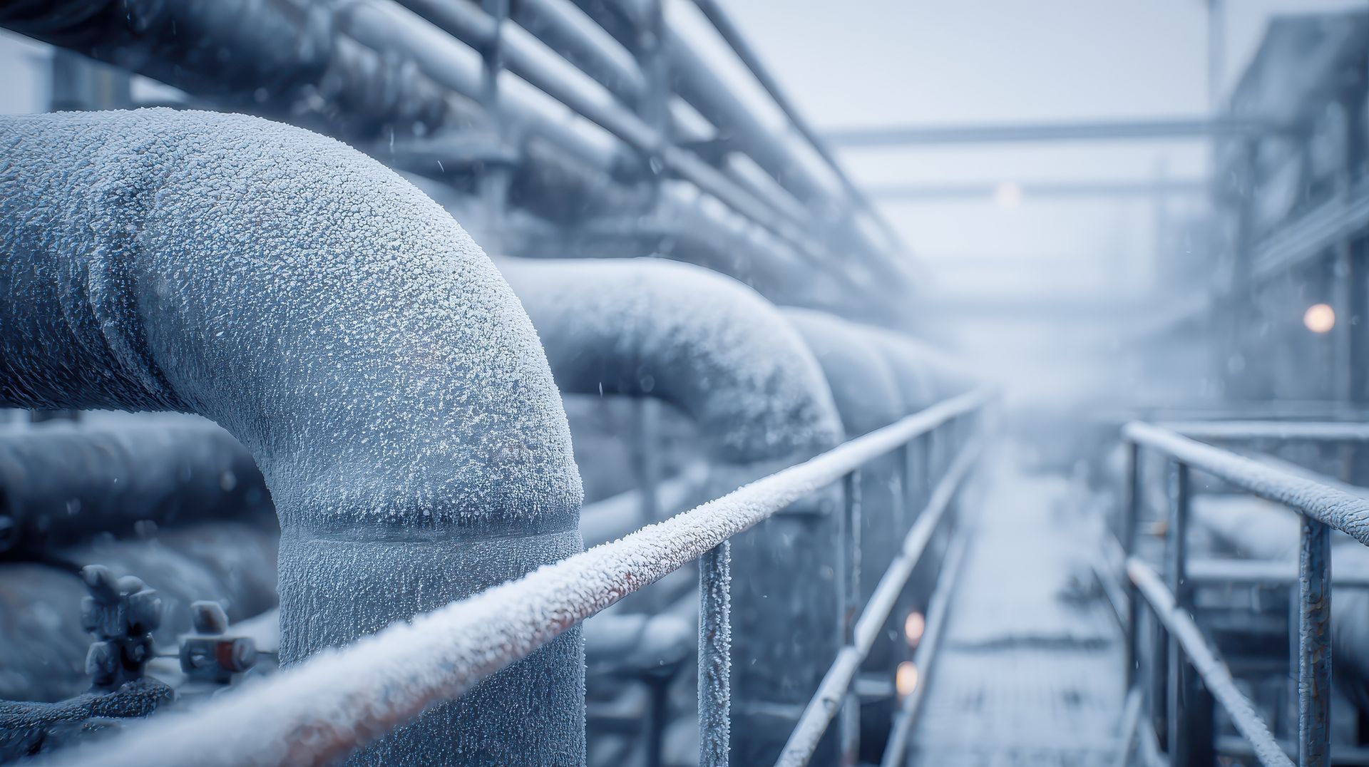Frost-covered industrial pipes and walkways in a cold, snowy environment.