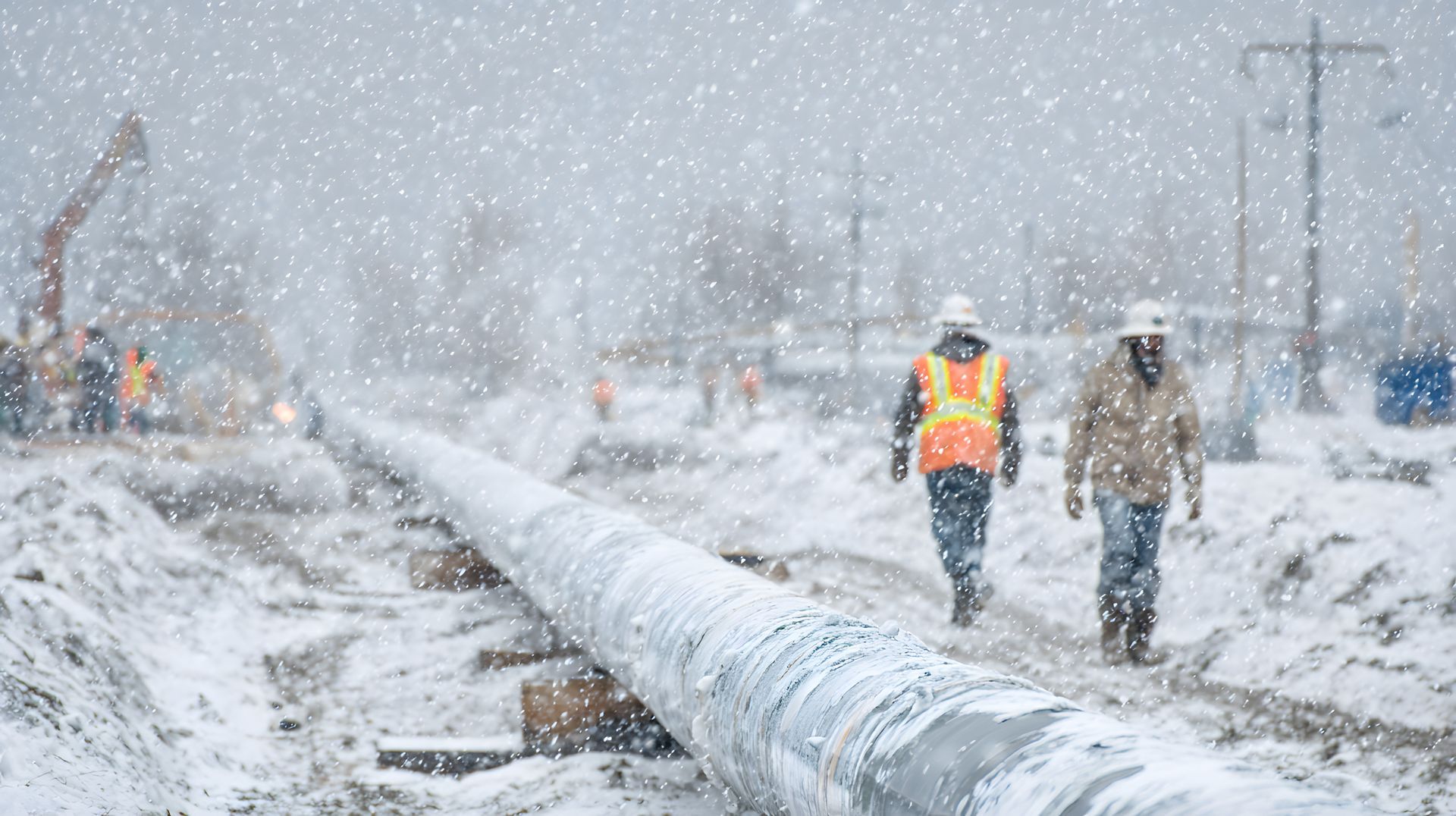 Two workers walking near a snow-covered pipeline on a construction site, heavy snowfall.