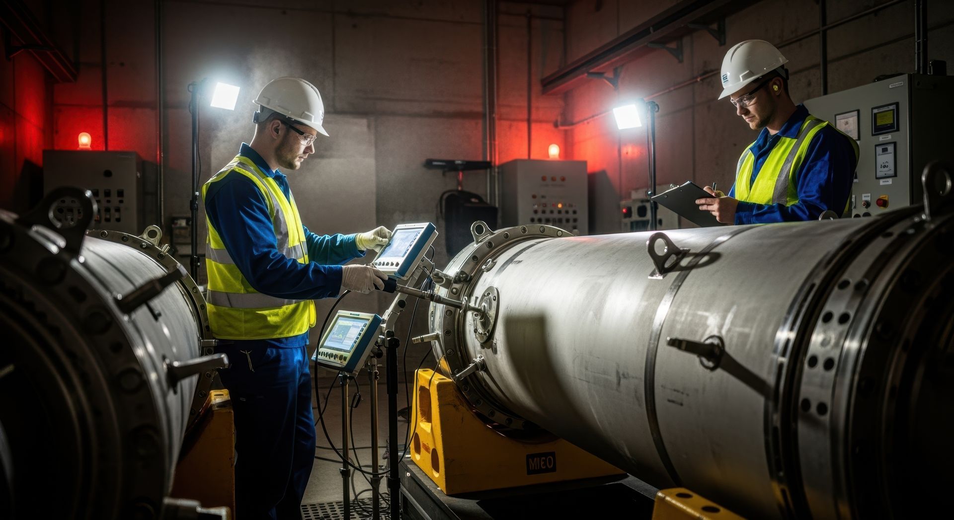 Two technicians in protective gear inspect machinery in a dimly lit industrial setting. Two technicians in protective gear inspect machinery in a dimly lit industrial setting.