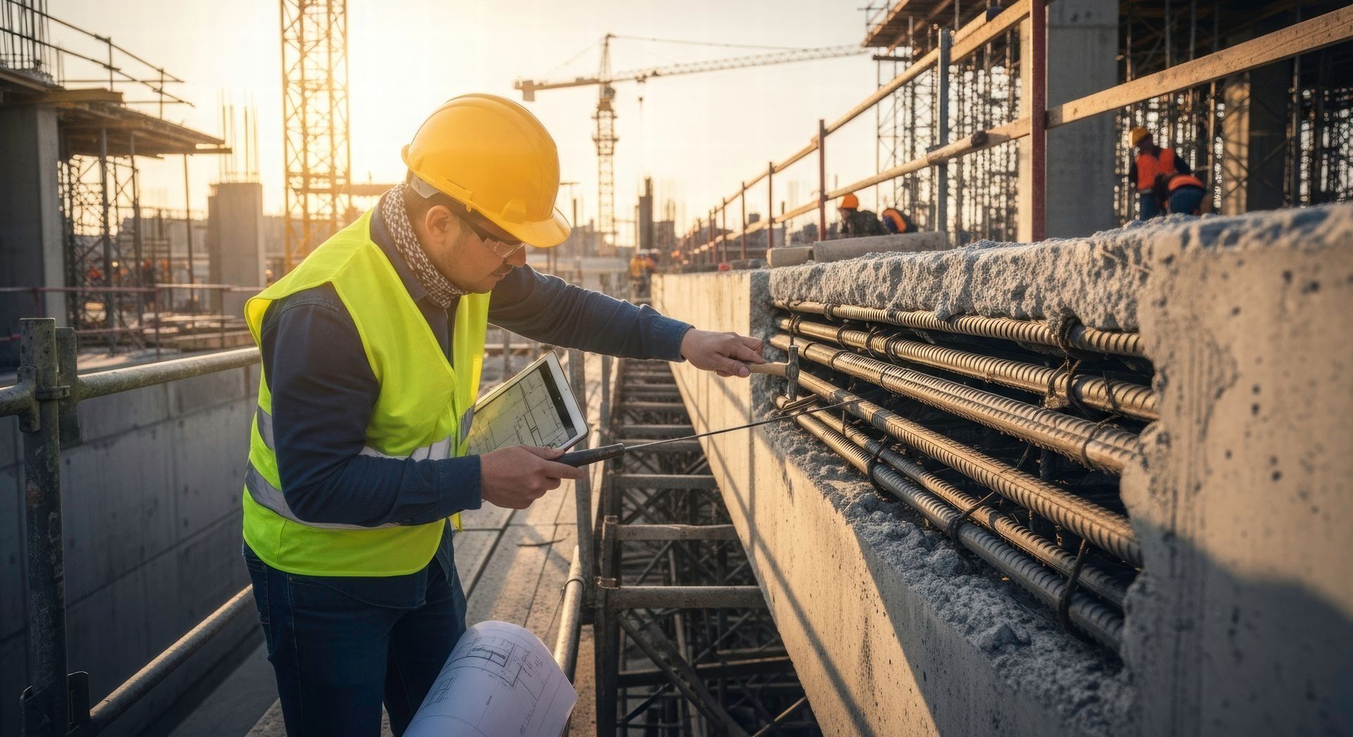 Construction worker in hard hat and safety vest inspecting rebar at a building site