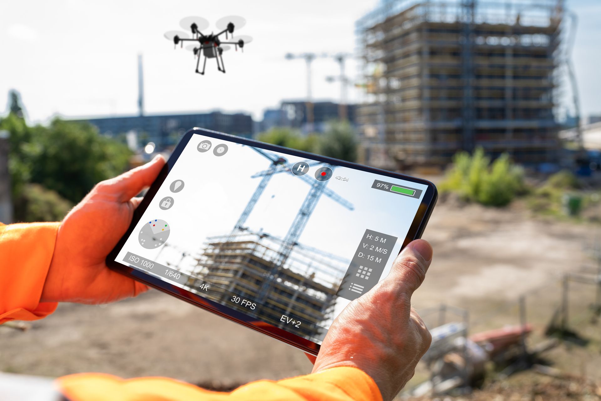 Construction worker using tablet to control drone over a building site on a sunny day.