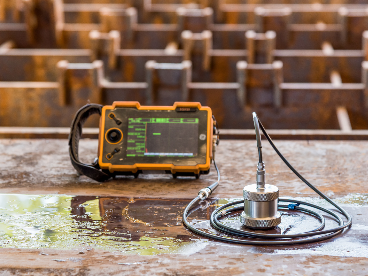 A ultrasonic testing device is sitting on a wooden table.