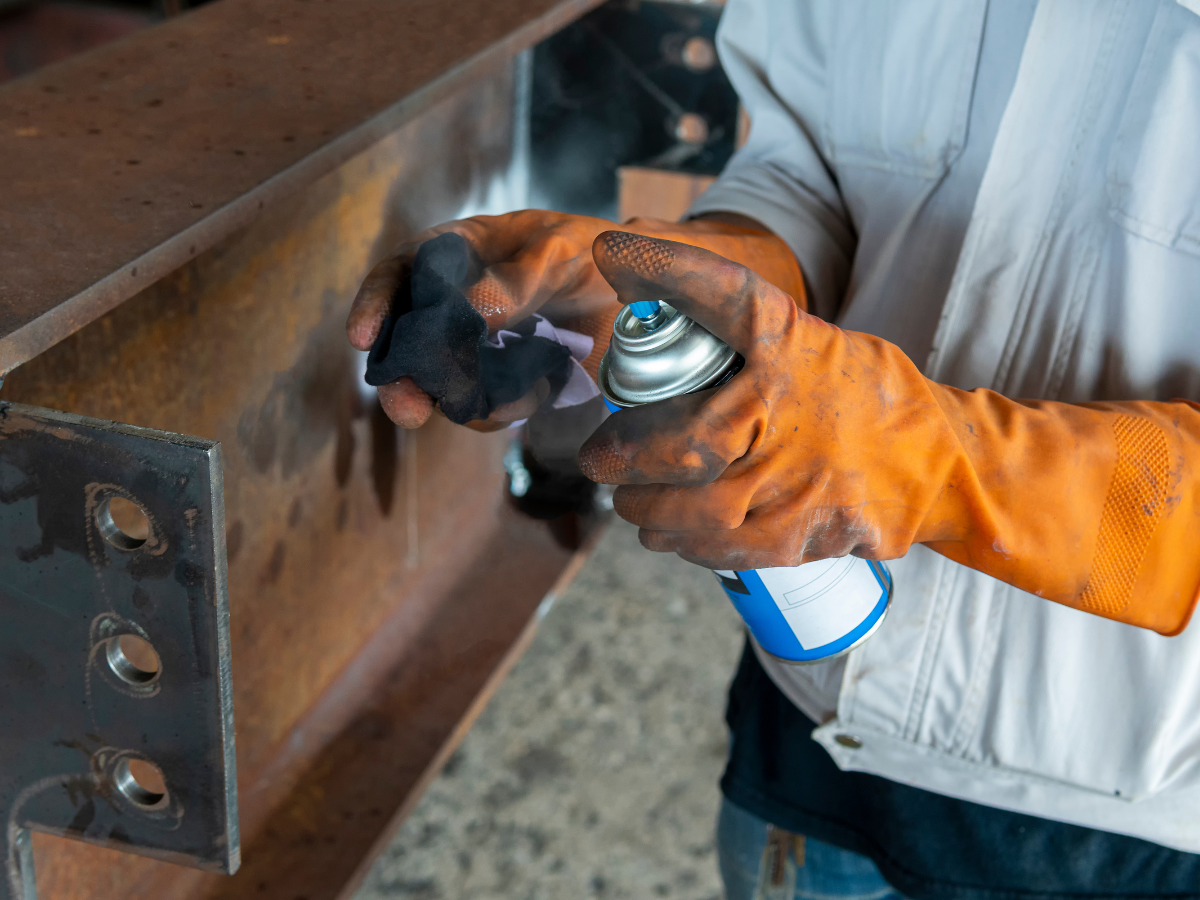 A man wearing orange gloves is spraying a can of paint on a piece of metal. A man wearing orange gloves is spraying a can of paint on a piece of metal.