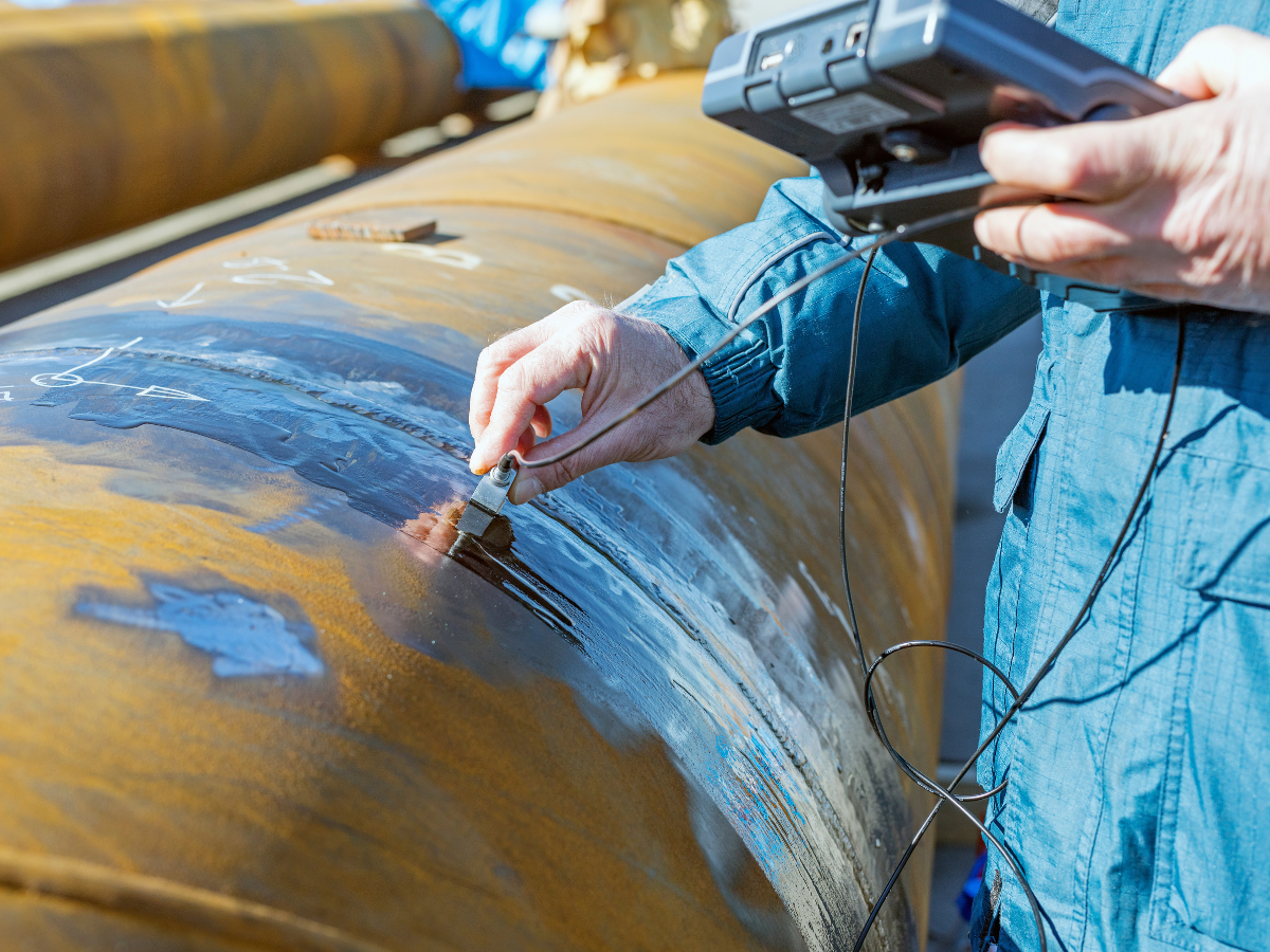 Person inspecting a large metal pipe with a handheld device, outdoors.
