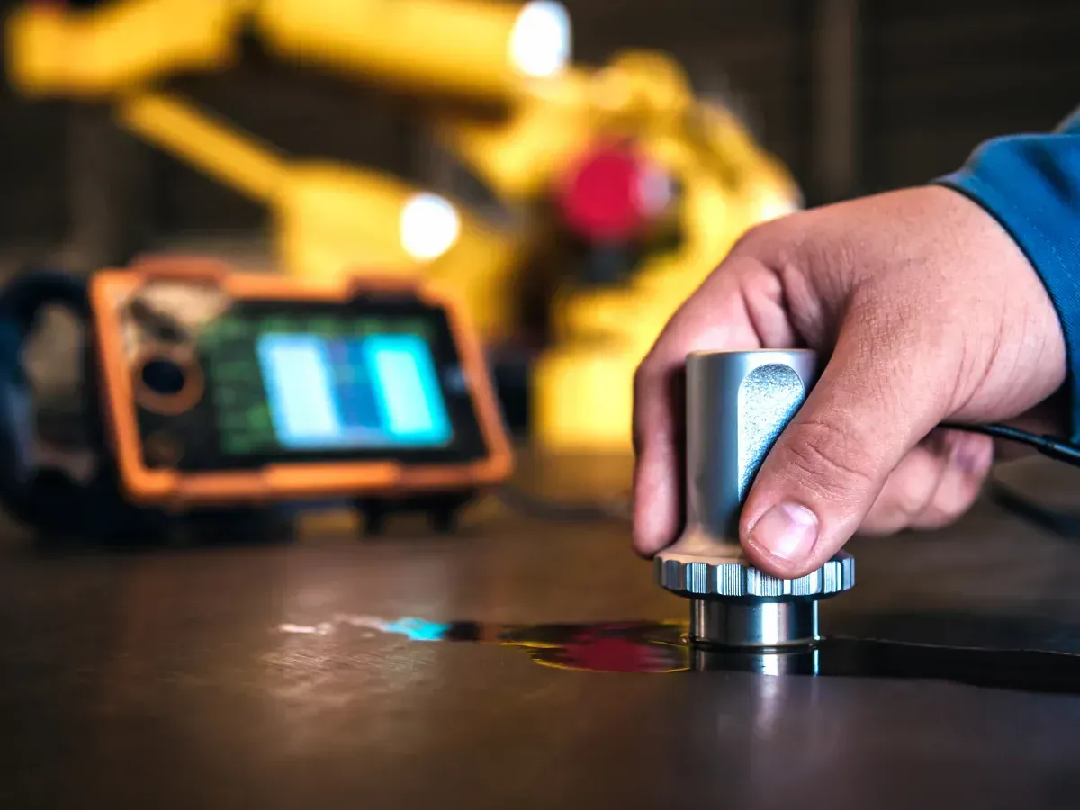 A person is holding a metal object in their hand in front of a robot.