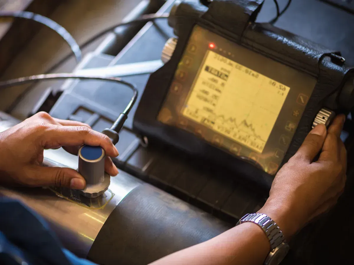 A person using an ultrasonic device to test a piece of metal.