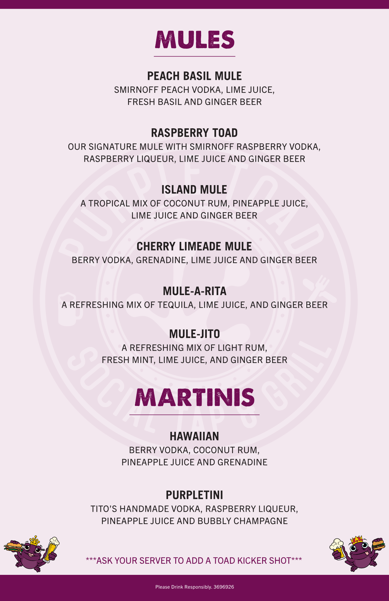 Food drinks and social atmosphere at Purple Toad Social Tap & Grill Menu