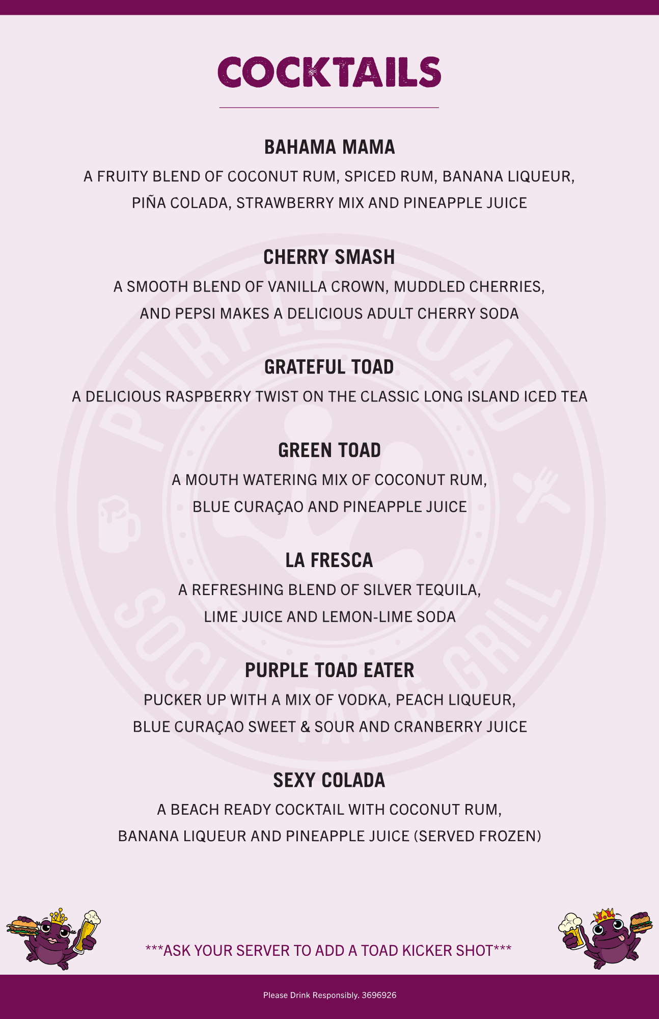 Food drinks and social atmosphere at Purple Toad Social Tap & Grill Menu