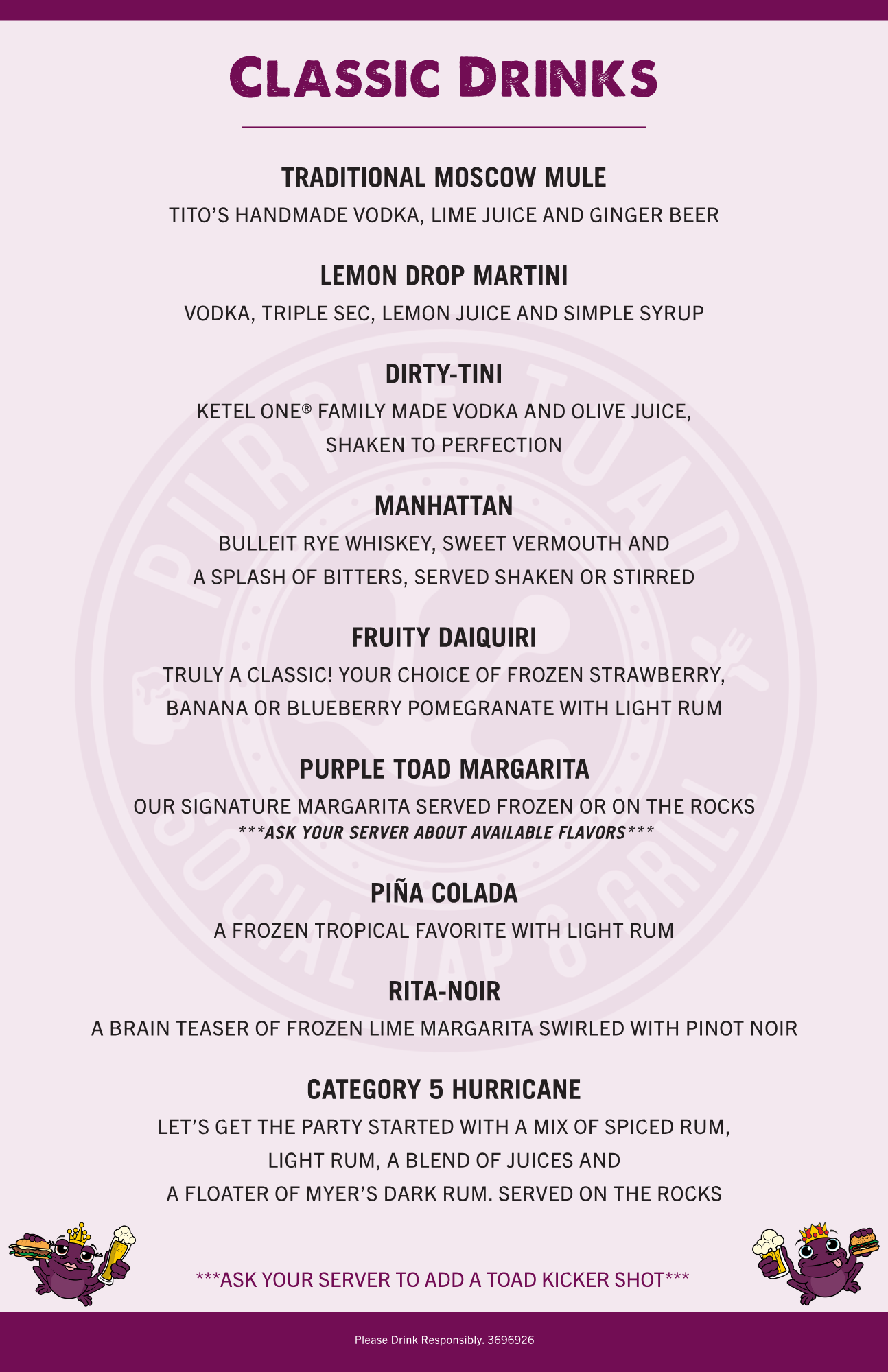 Food drinks and social atmosphere at Purple Toad Social Tap & Grill Menu