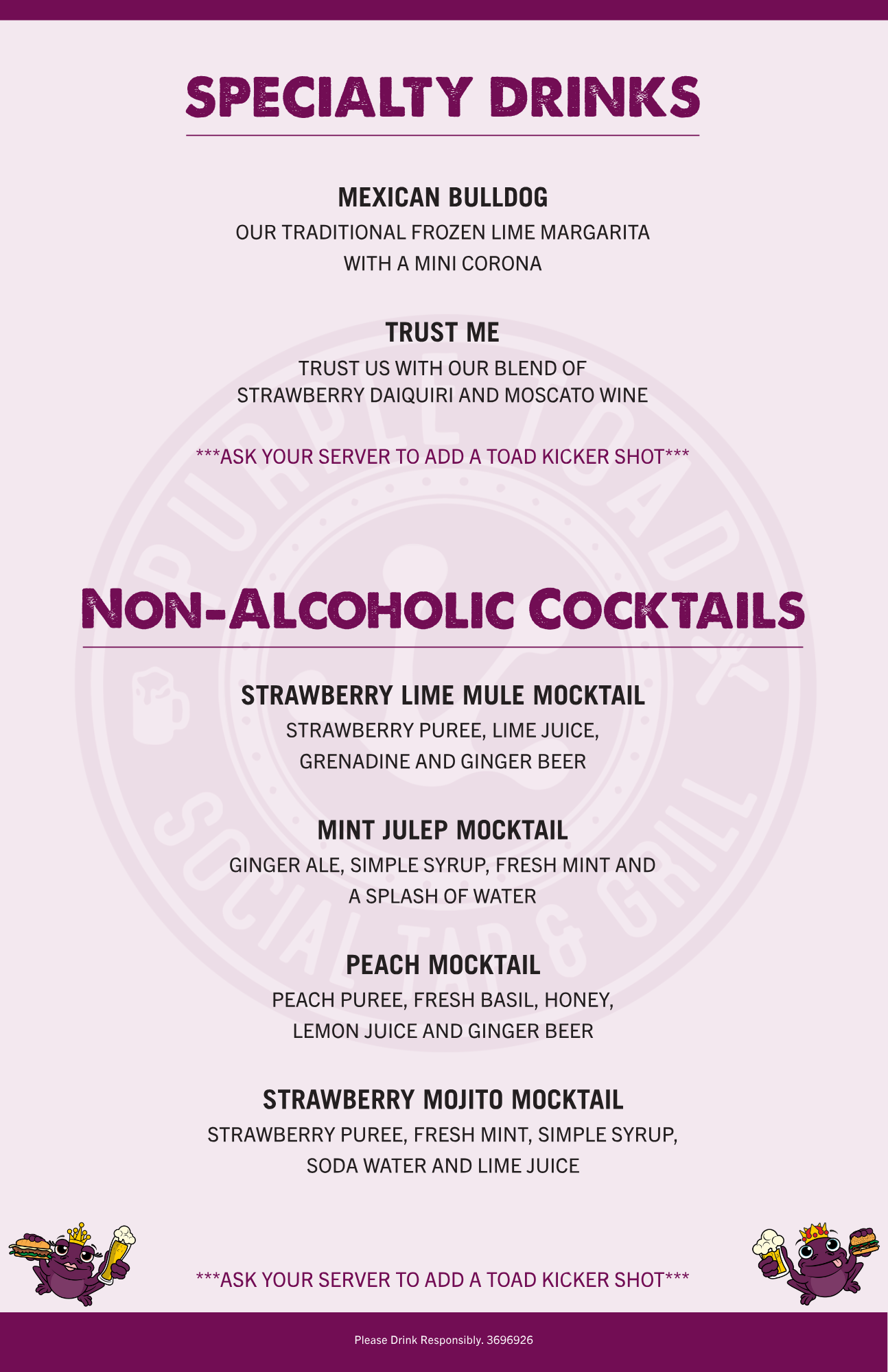 Food drinks and social atmosphere at Purple Toad Social Tap & Grill Menu
