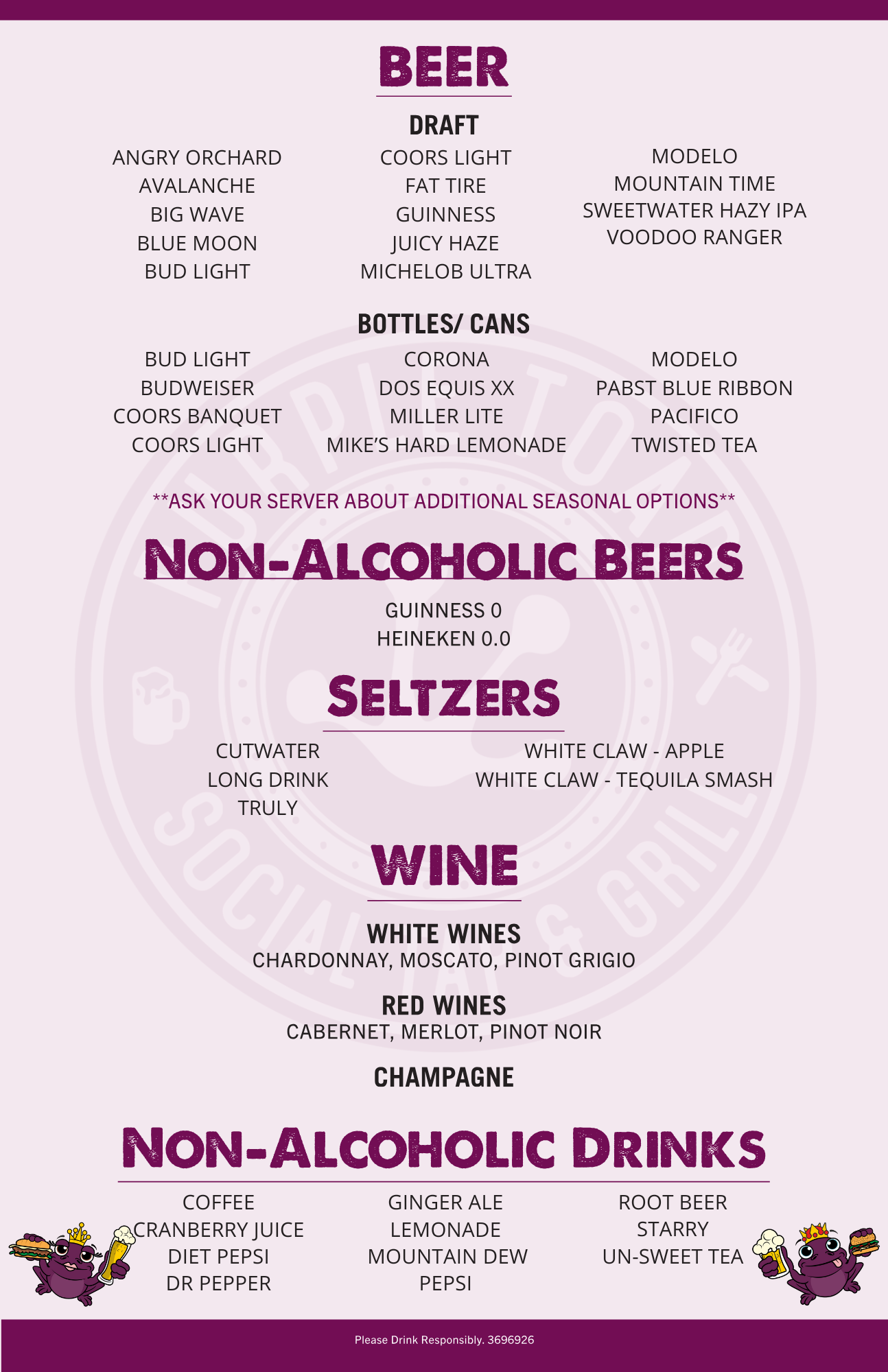 Food drinks and social atmosphere at Purple Toad Social Tap & Grill Menu