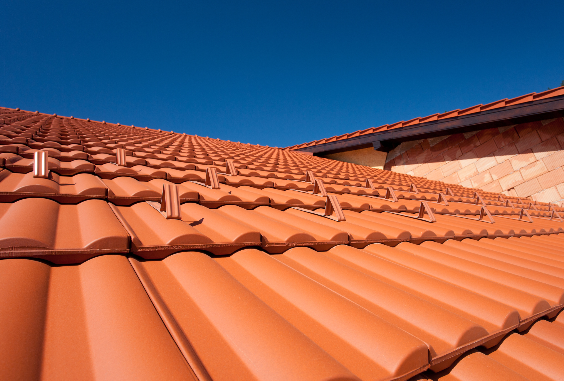 A row of red tiles on a roof with a blue sky in the background.
