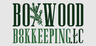 Logo for Boxwood Bookkeeping, featuring dark green text on a light gray background with a leafy sprig.