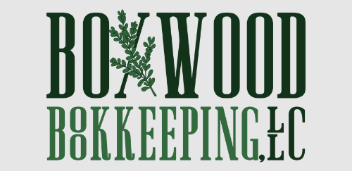 Logo for Boxwood Bookkeeping, featuring dark green text on a light gray background with a leafy sprig.
