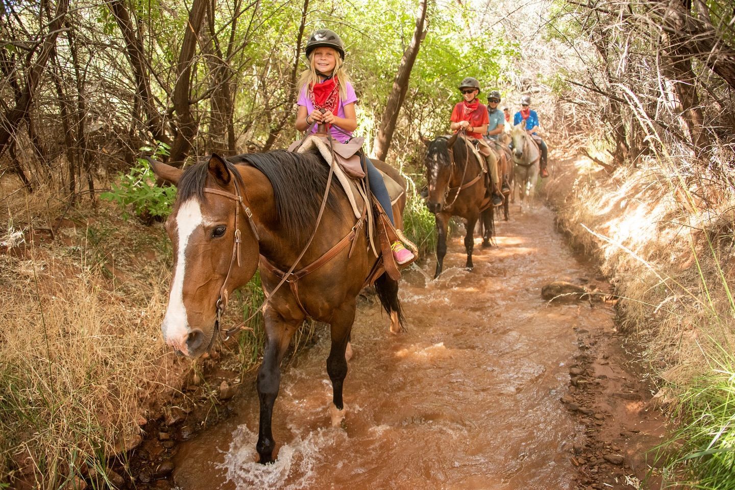 a group of children riding horses