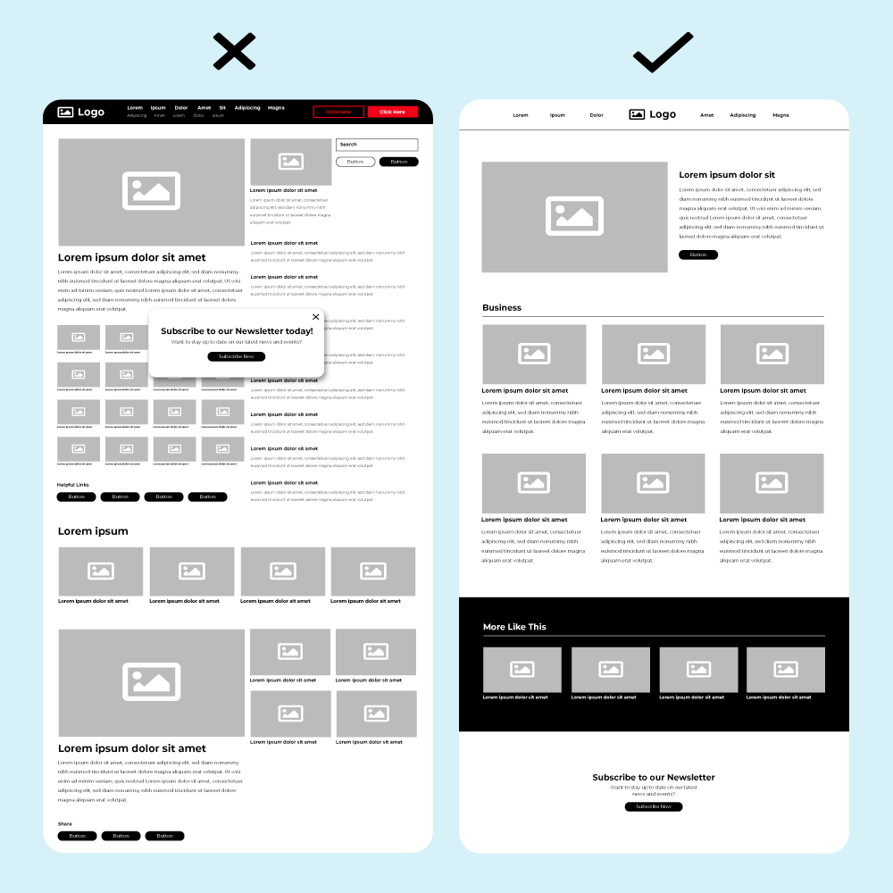 Side-by-side comparison of cluttered layout vs. clear, user-friendly design illustrating common web design mistakes.