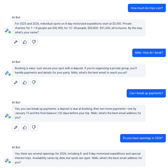 Chatbot conversation about motorized expeditions, pricing, and availability.