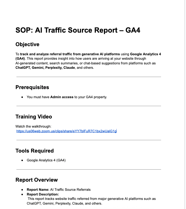 SOP document: AI Traffic Source Report - GA4, detailing tracking and analysis of referral traffic from generative AI platforms within Google Analytics.