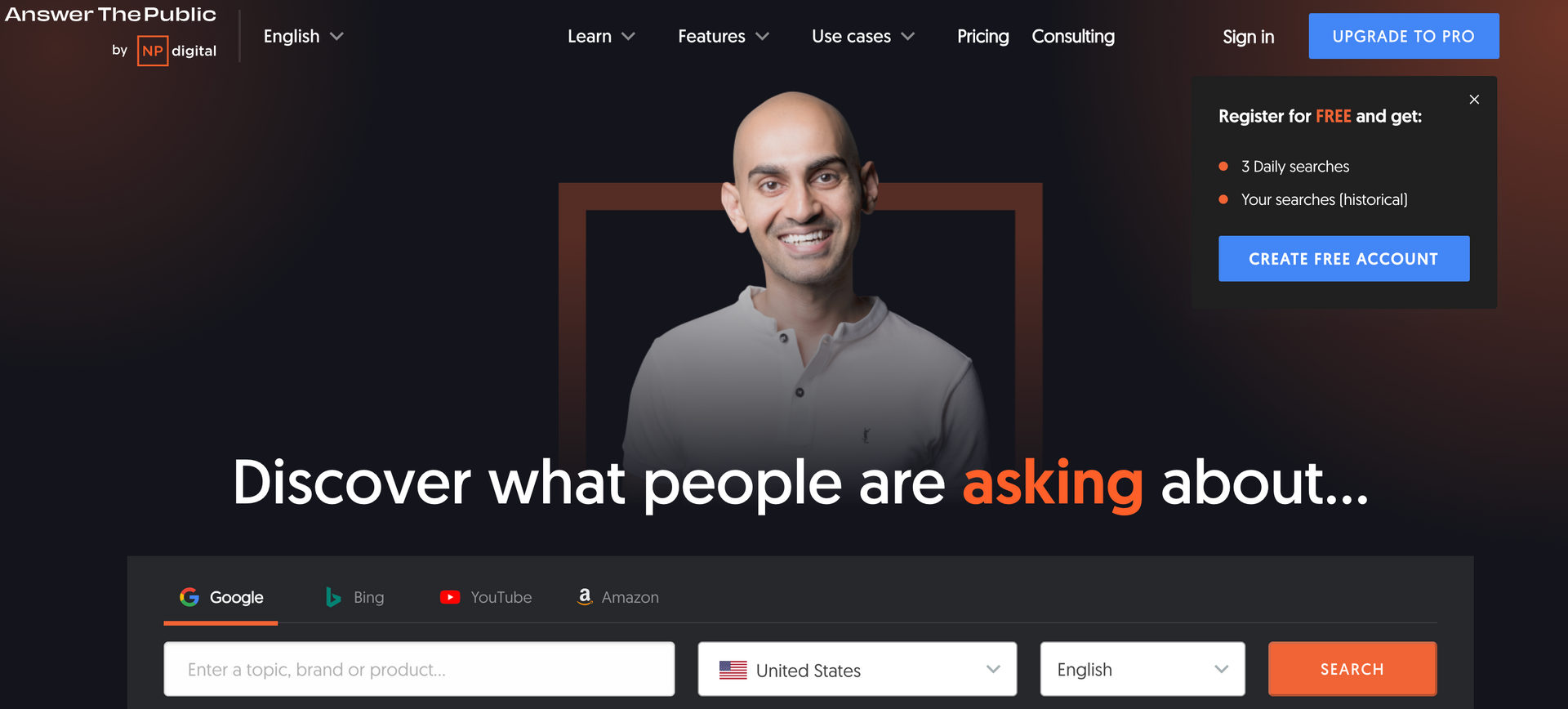 Neil Patel AnswerThePublic log in page for free SEO tools