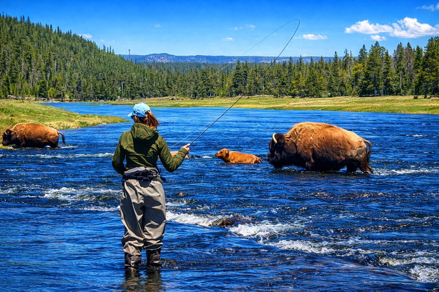 Person fly-fishing in a blue river with bears nearby, surrounded by forest and mountains